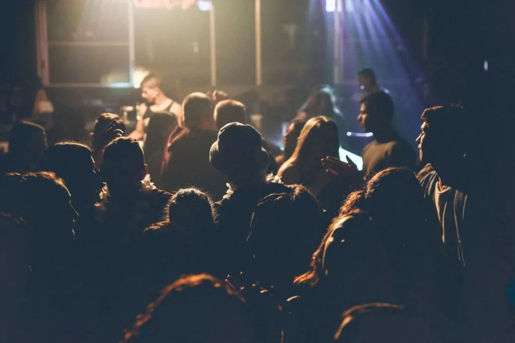 Publiek bij een concert in een donkere zaal, alleen verlicht door het podiumlicht