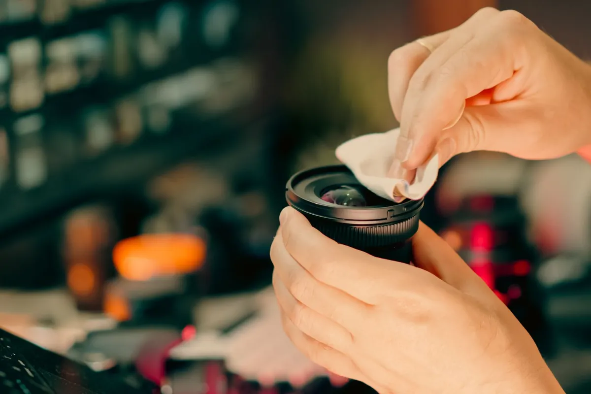 Handen maken een camera-objectief schoon met een microvezeldoekje